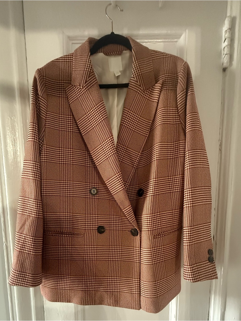H&M Double-Breasted Brown Plaid Blazer
